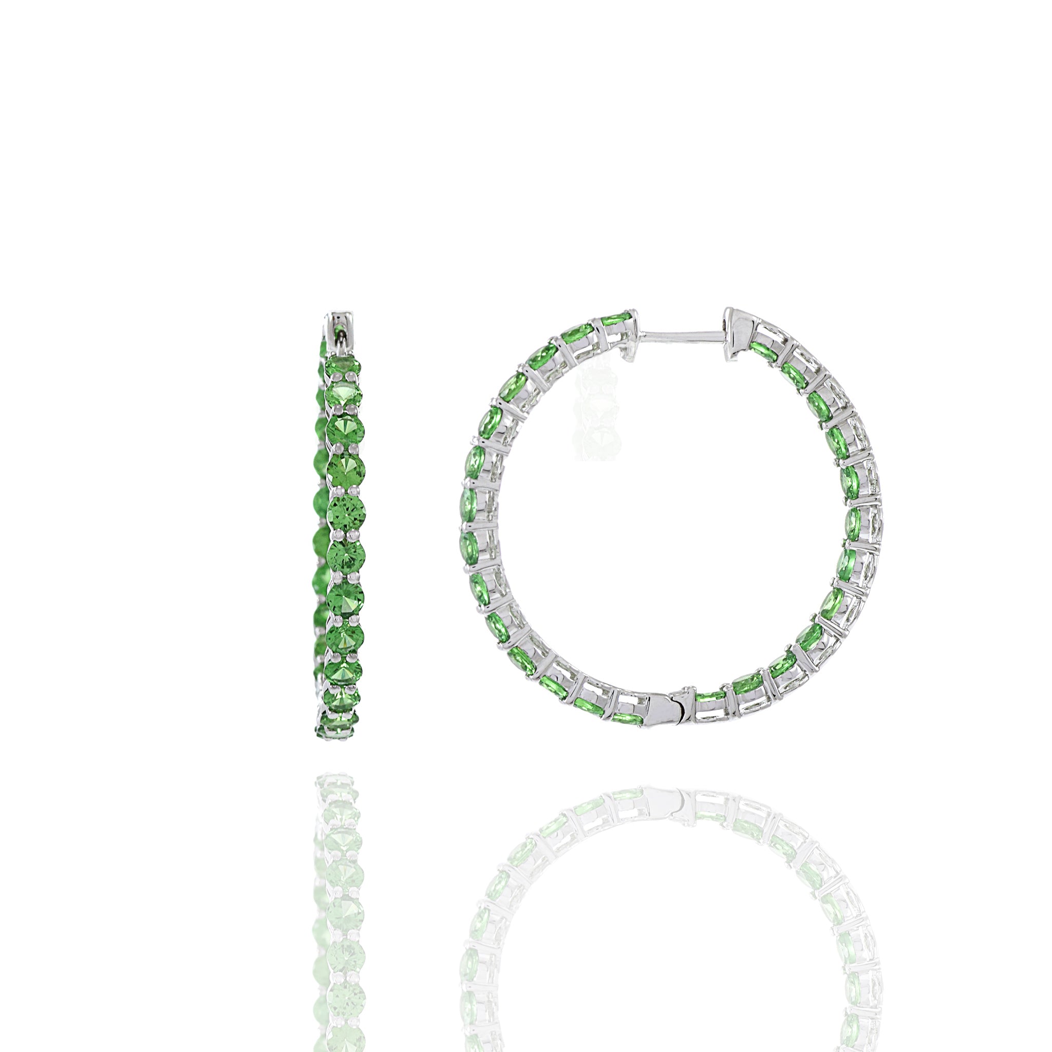 18KT White Gold Green Tsavorite Hoop Earrings