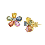 18KT Yellow Gold Multi-Color Pear-Cut Sapphire and Diamond Flower Earrings