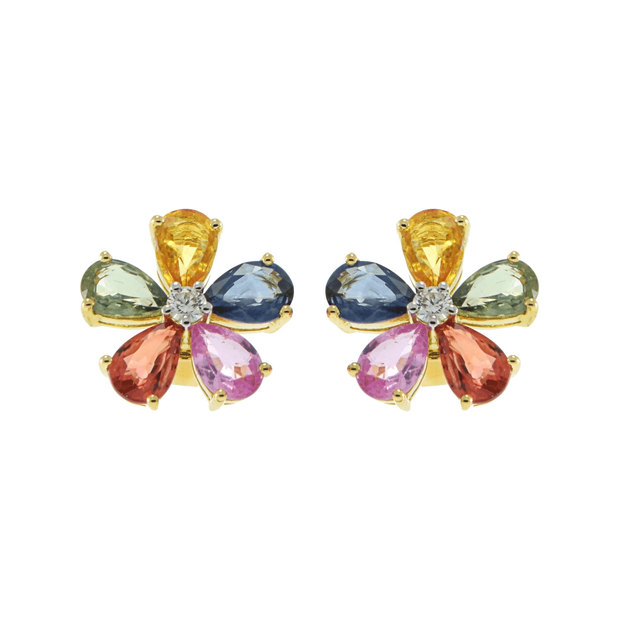 18KT Yellow Gold Multi-Color Pear-Cut Sapphire and Diamond Flower Earrings