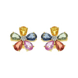 18KT Yellow Gold Multi-Color Pear-Cut Sapphire and Diamond Flower Earrings