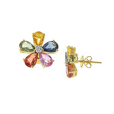 18KT Yellow Gold Multi-Color Pear-Cut Sapphire and Diamond Flower Earrings