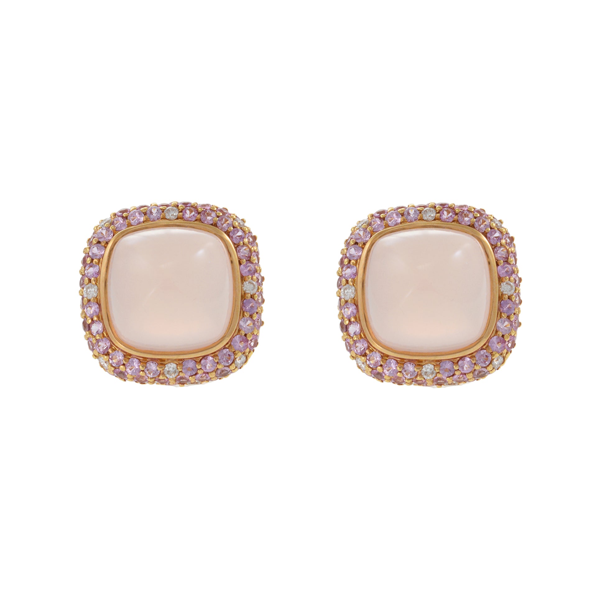 18KT Rose Gold Clip Earrings with Rose Quartz, Pink Sapphire, and Diamond Accents