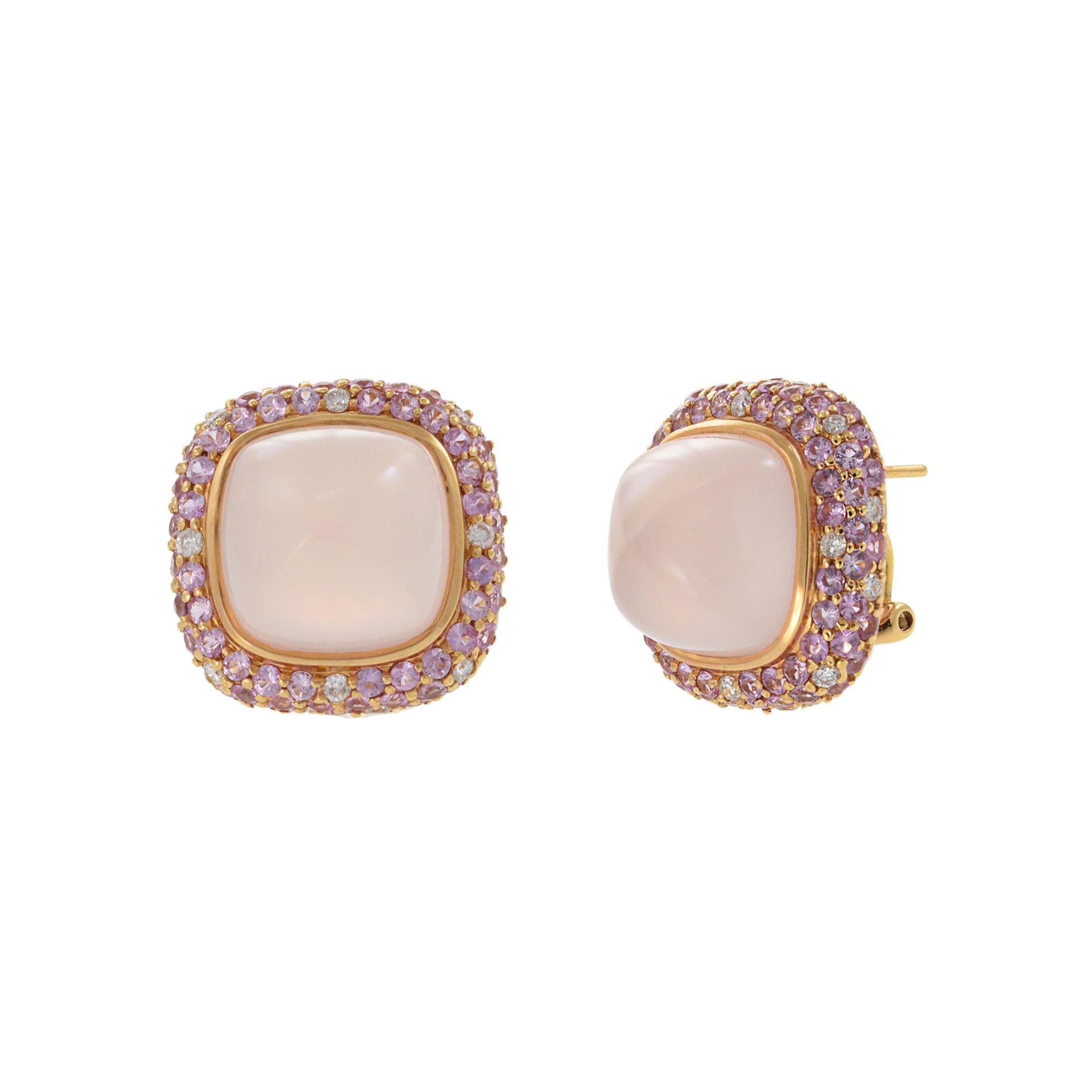 18KT Rose Gold Clip Earrings with Rose Quartz, Pink Sapphire, and Diamond Accents