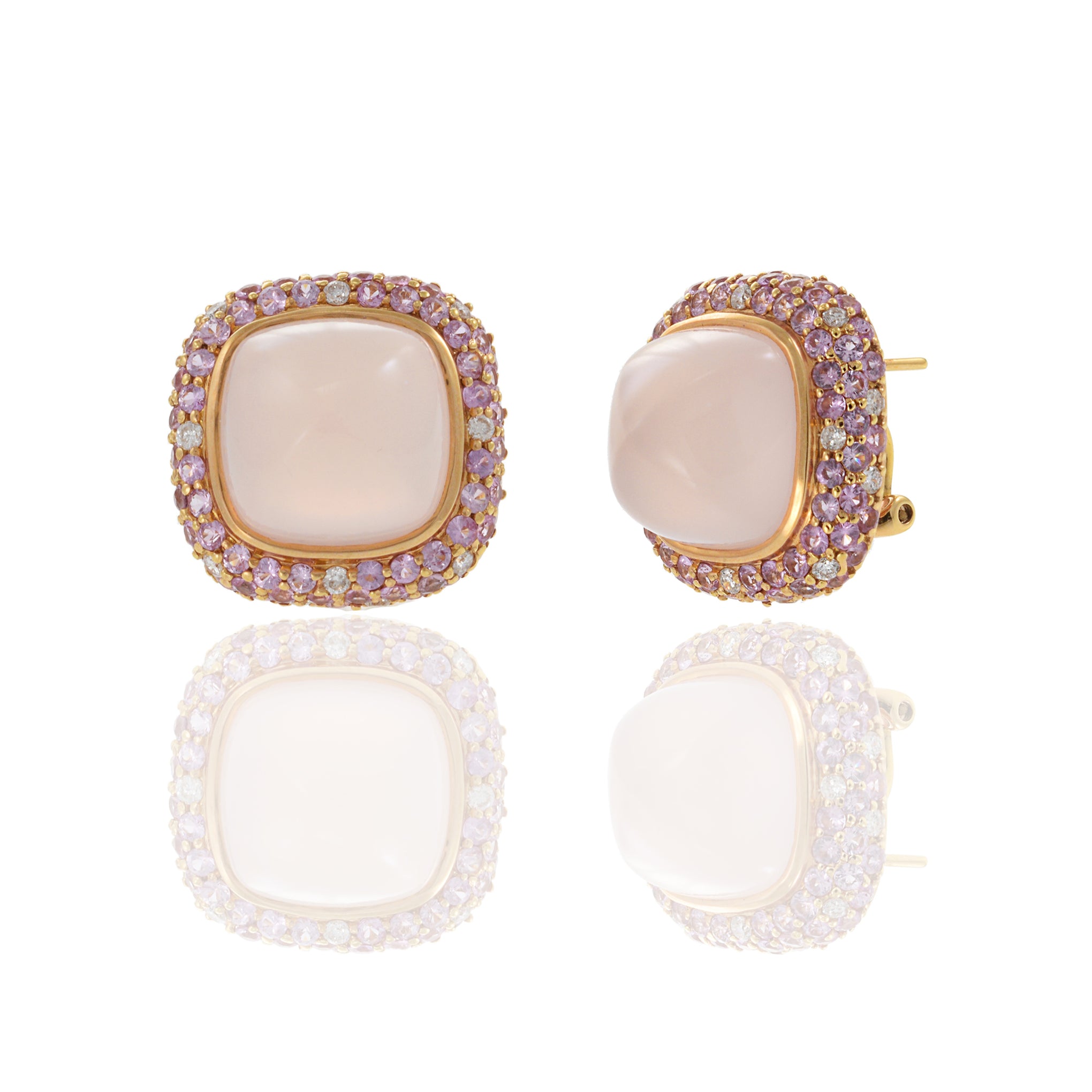 18KT Rose Gold Clip Earrings with Rose Quartz, Pink Sapphire, and Diamond Accents