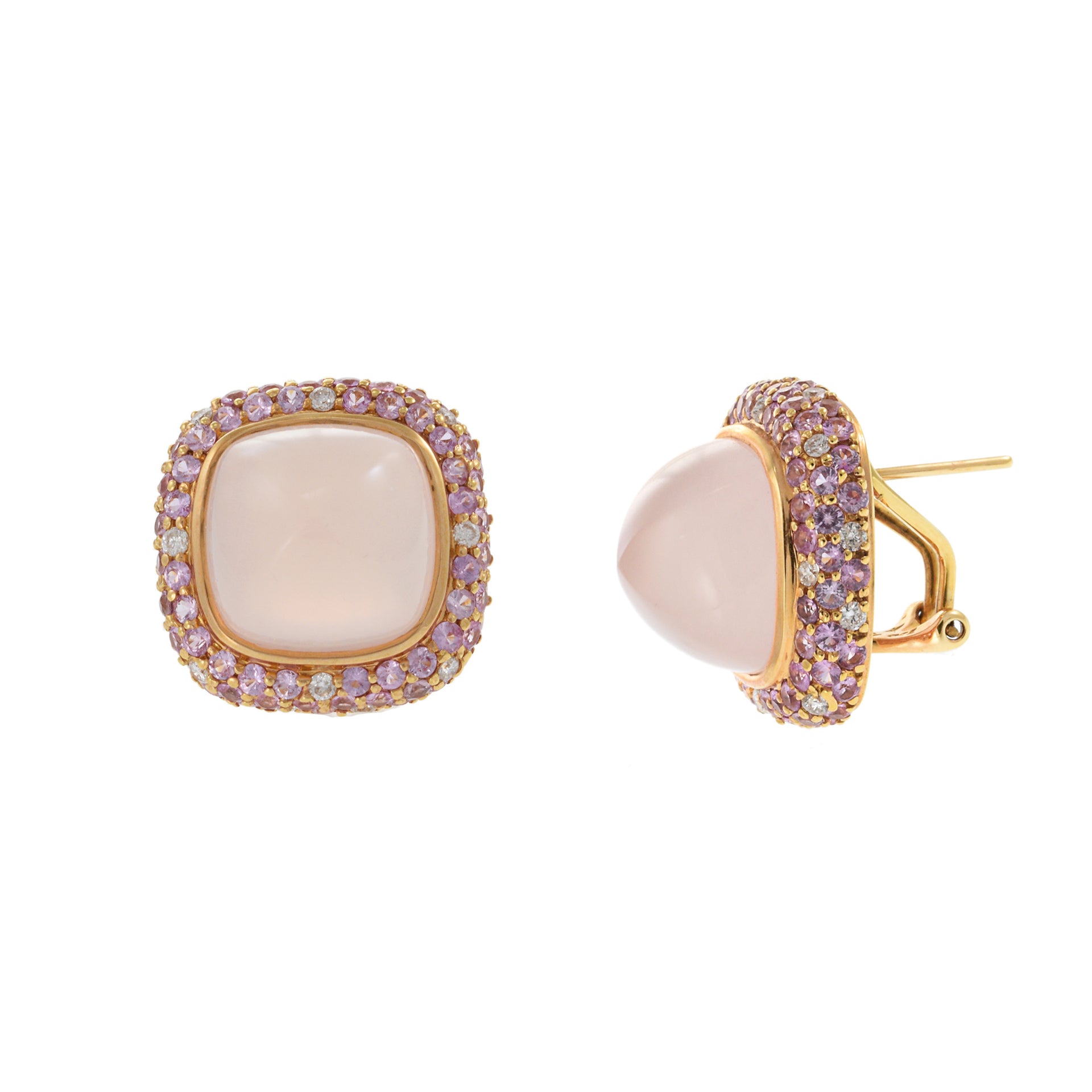 18KT Rose Gold Clip Earrings with Rose Quartz, Pink Sapphire, and Diamond Accents