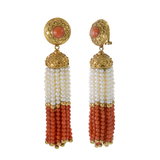 Vintage Retro Era 18KT Yellow Gold Estate Red Coral and Pearl Multi-Strand Hanging Earrings