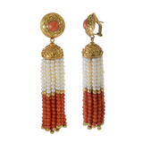 Vintage Retro Era 18KT Yellow Gold Estate Red Coral and Pearl Multi-Strand Hanging Earrings