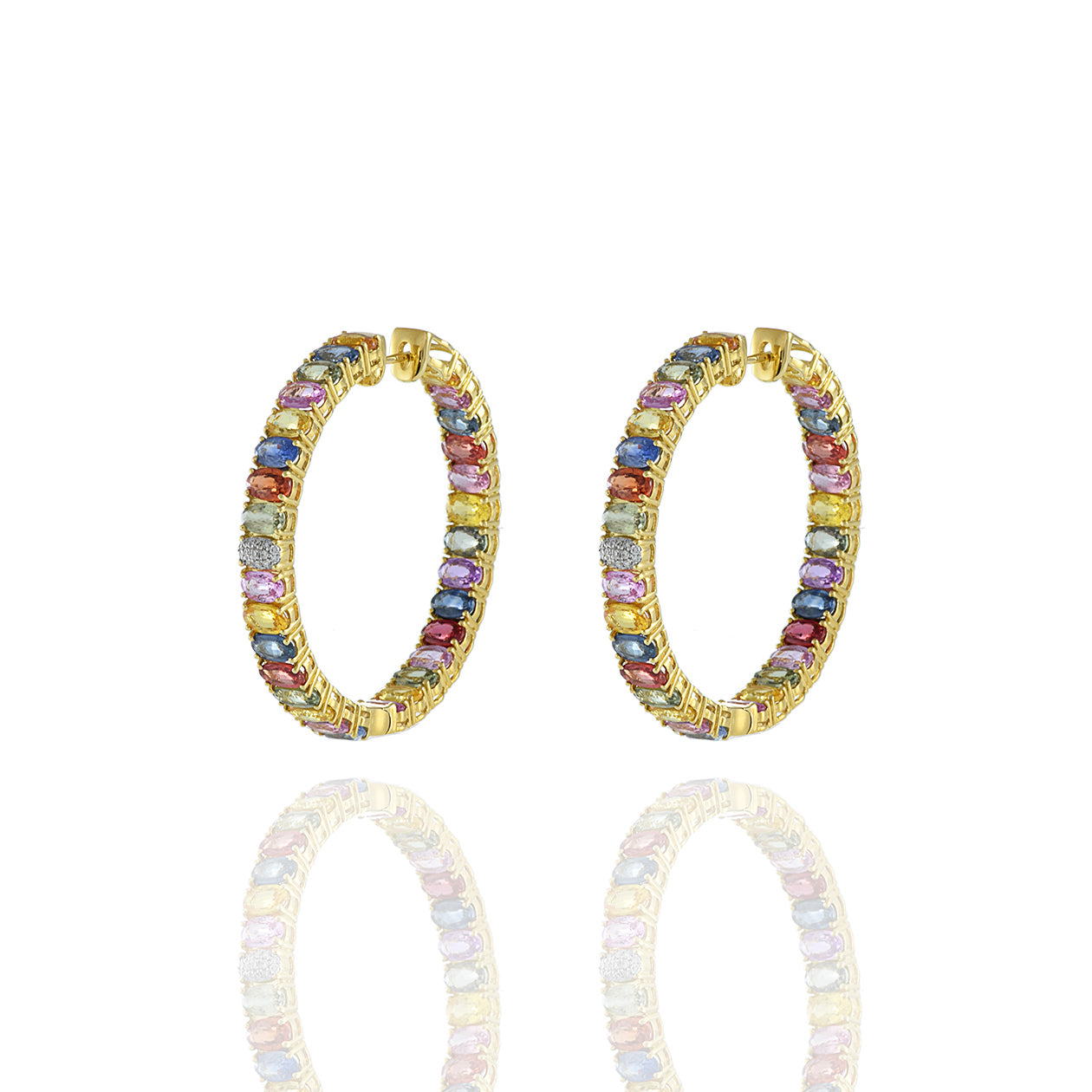 18KT Yellow Gold Multi Color Sapphire and Diamond Hoop Earrings