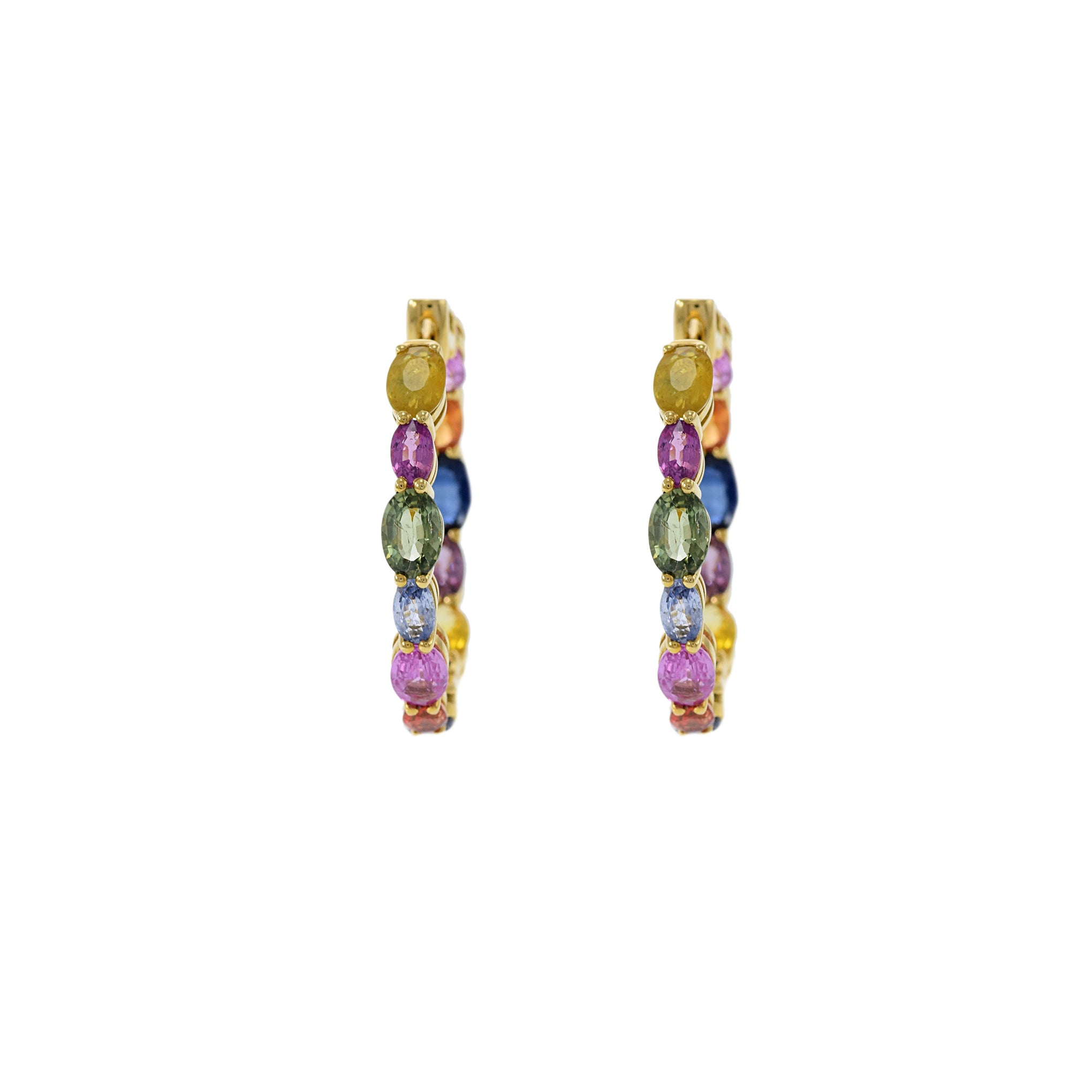 18KT Yellow Gold Multi Color Sapphire Hoop Earrings