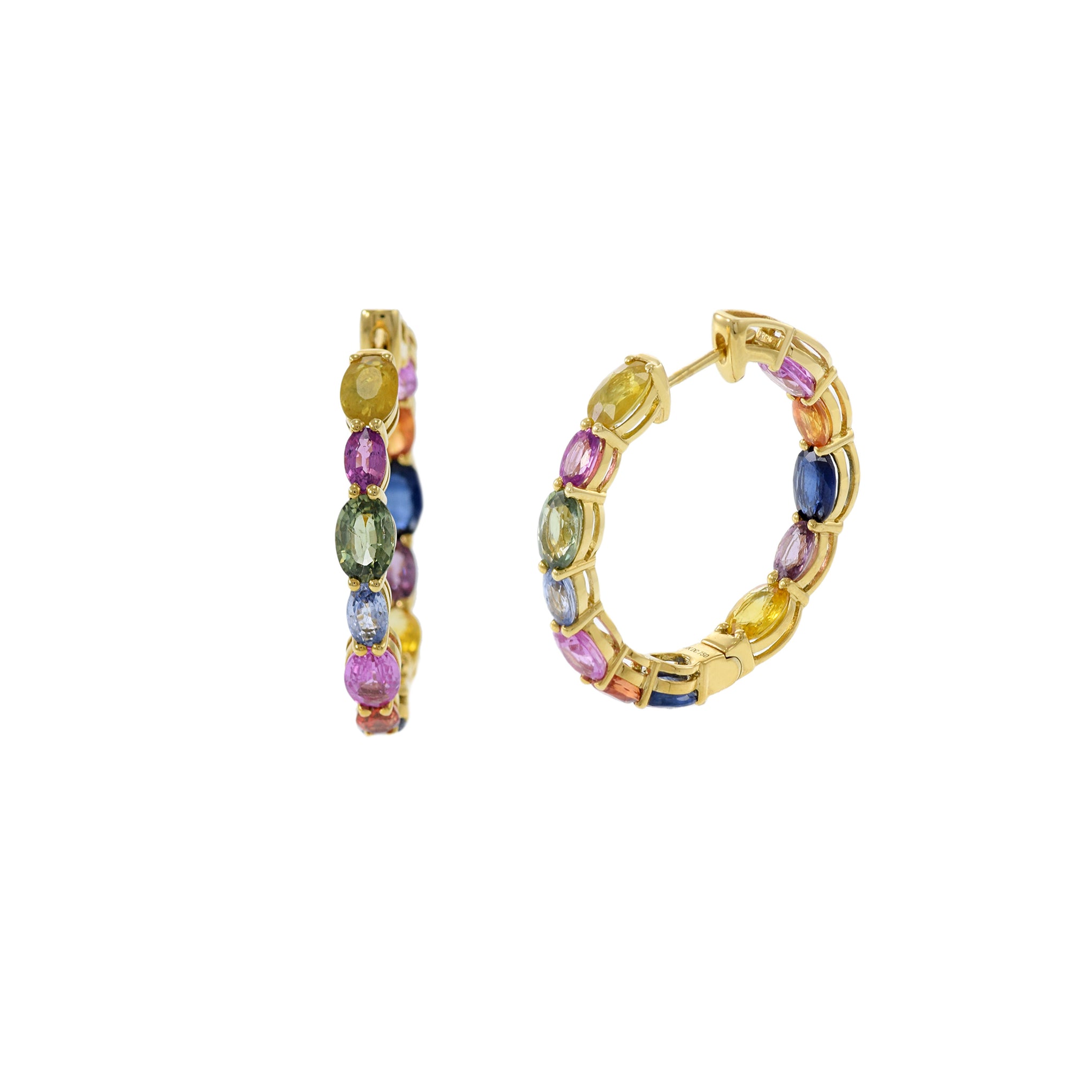 18KT Yellow Gold Multi Color Sapphire Hoop Earrings