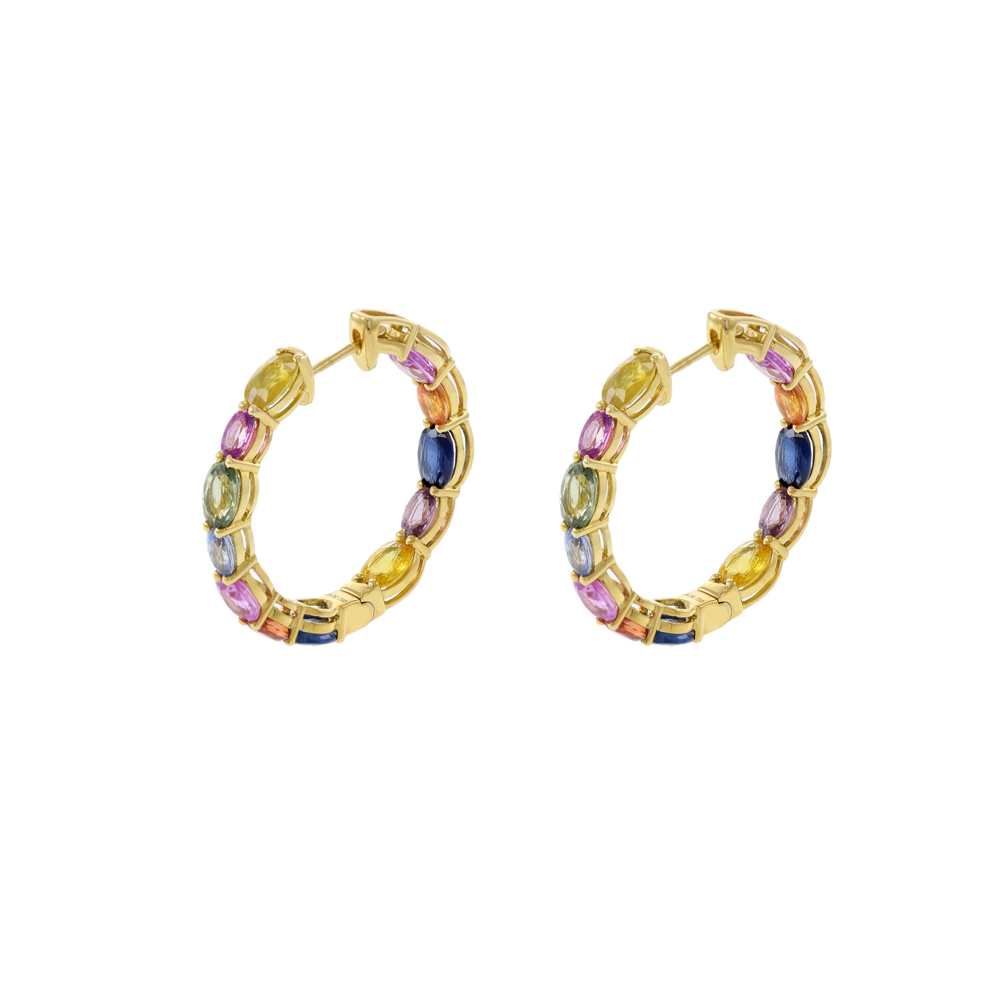 18KT Yellow Gold Multi Color Sapphire Hoop Earrings