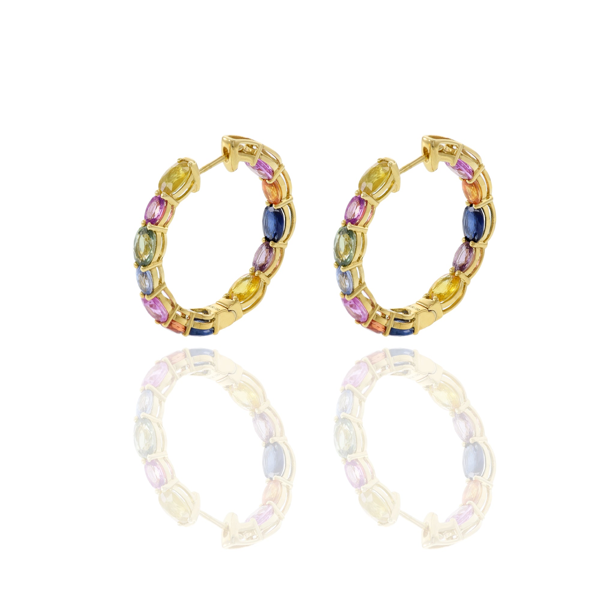 18KT Yellow Gold Multi Color Sapphire Hoop Earrings