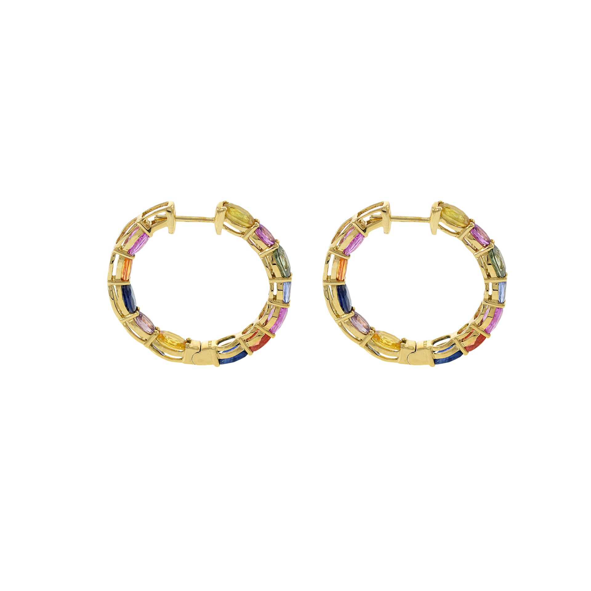 18KT Yellow Gold Multi Color Sapphire Hoop Earrings