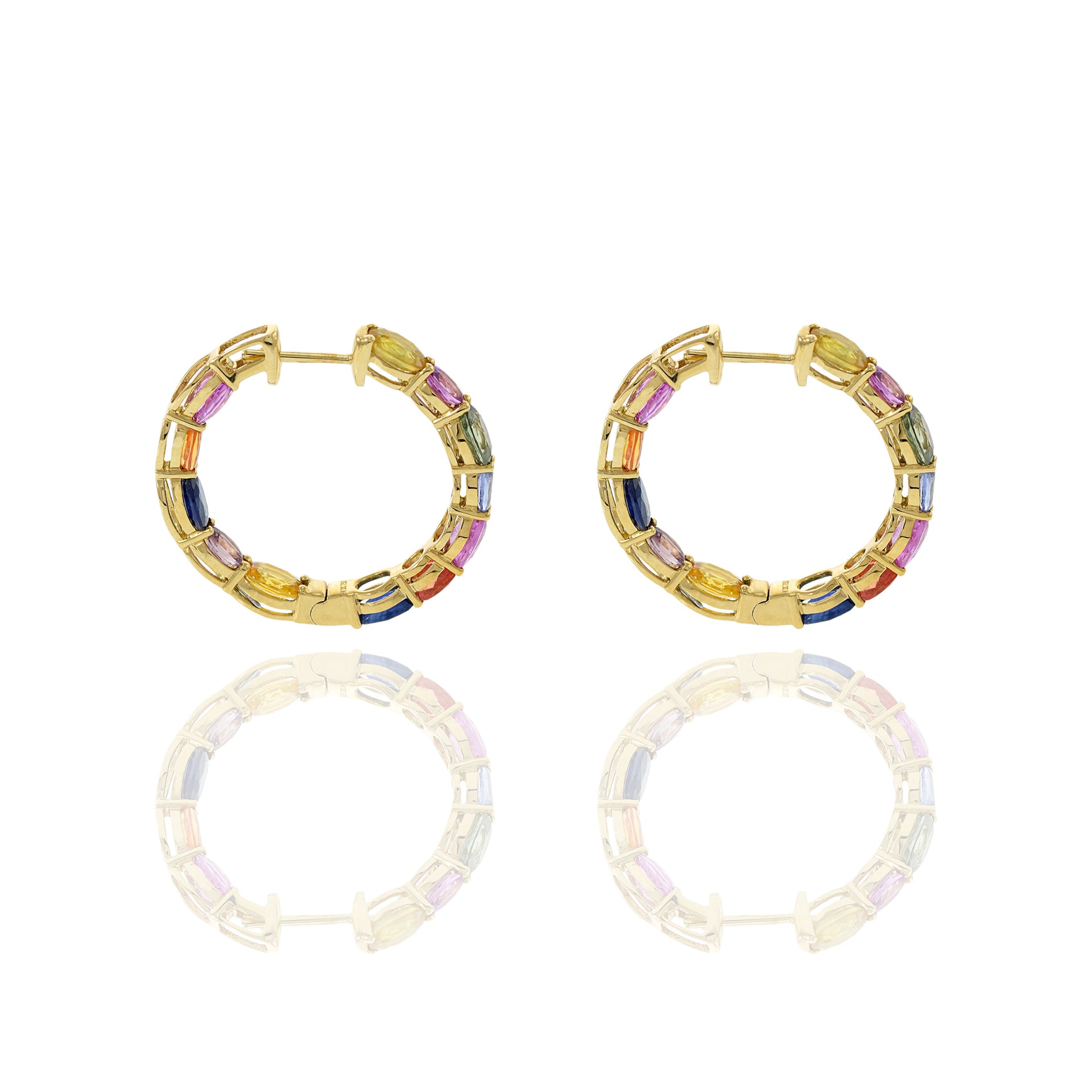 18KT Yellow Gold Multi Color Sapphire Hoop Earrings