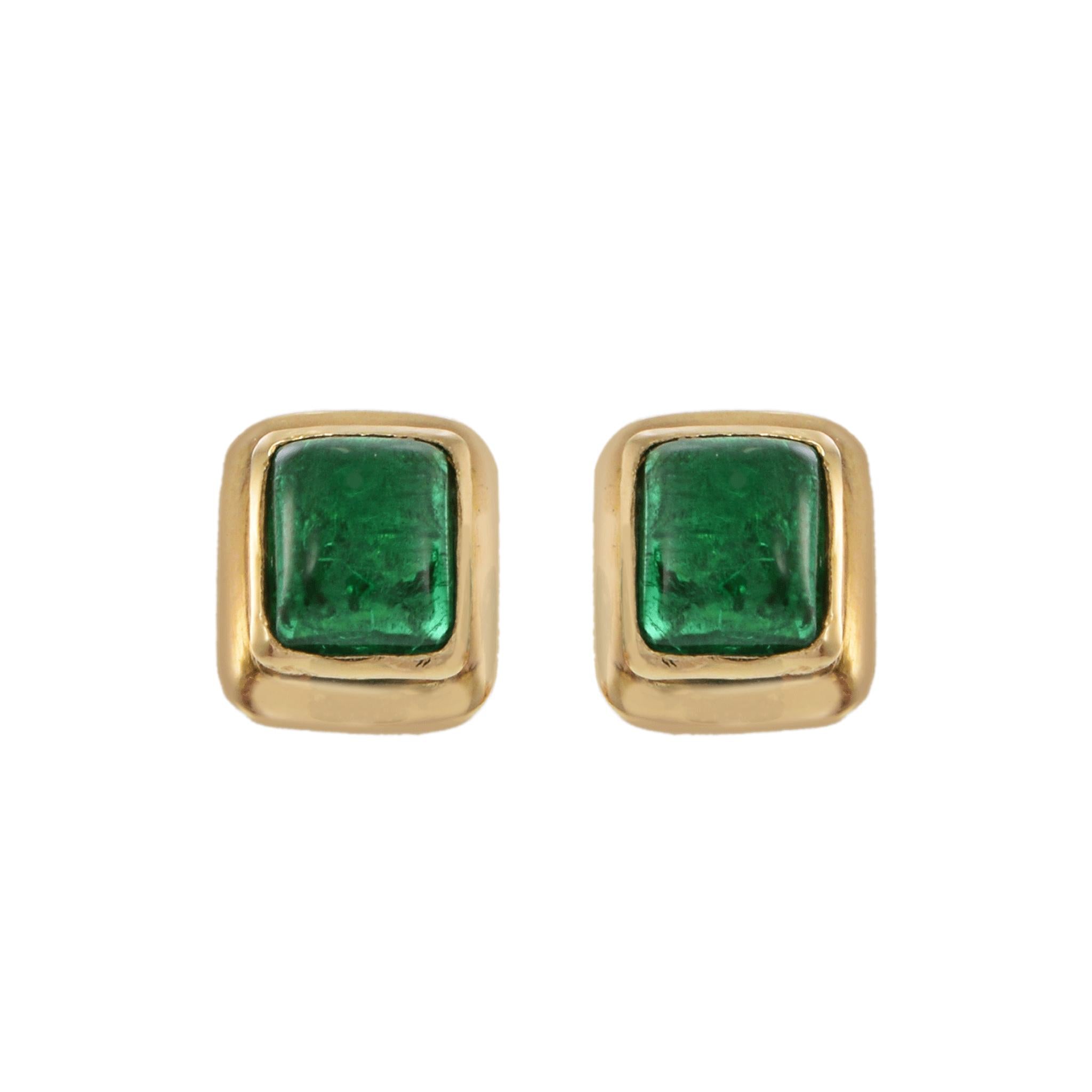 Vintage 18KT Yellow Gold Cabochon Emerald Earrings