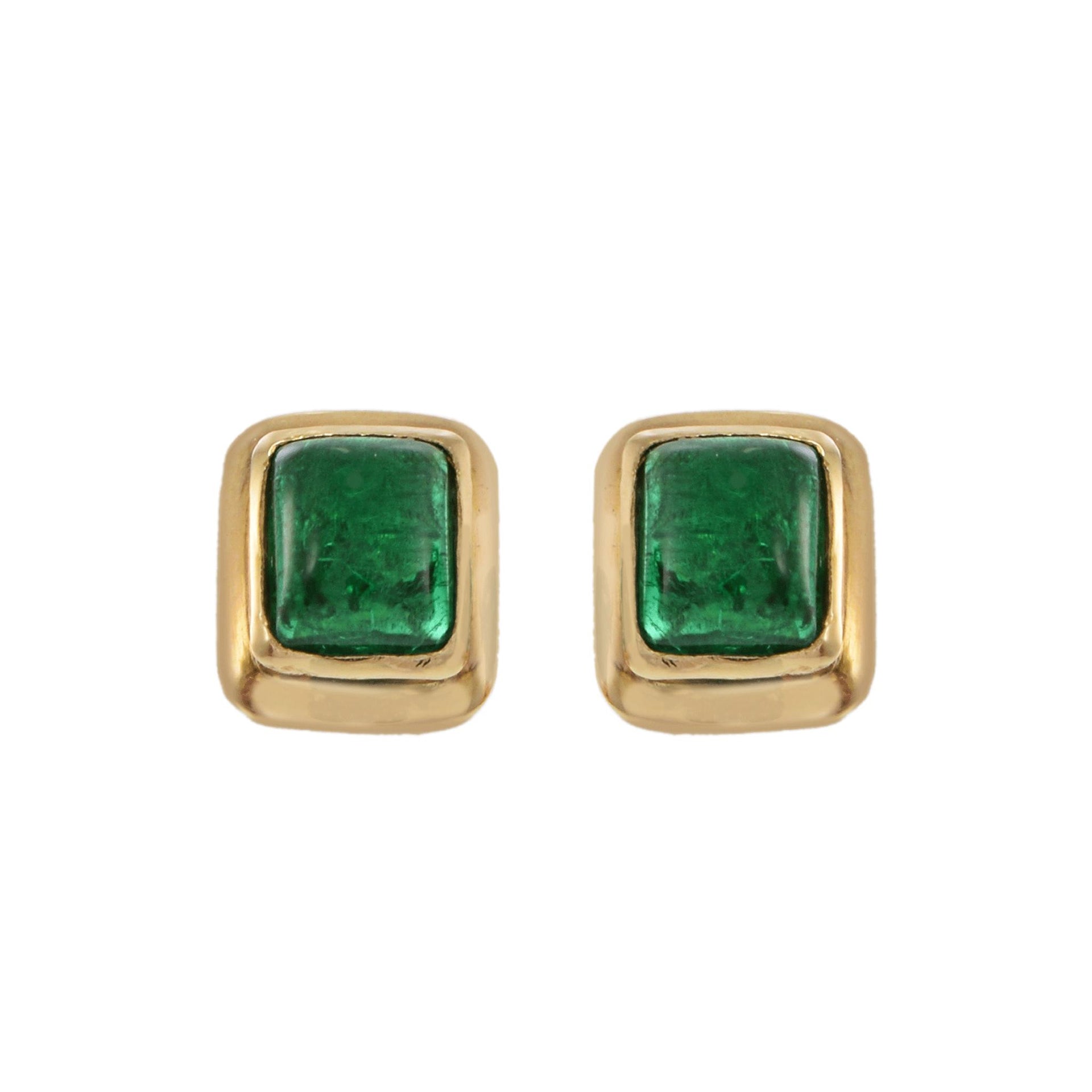 Vintage 18KT Yellow Gold Cabochon Emerald Earrings