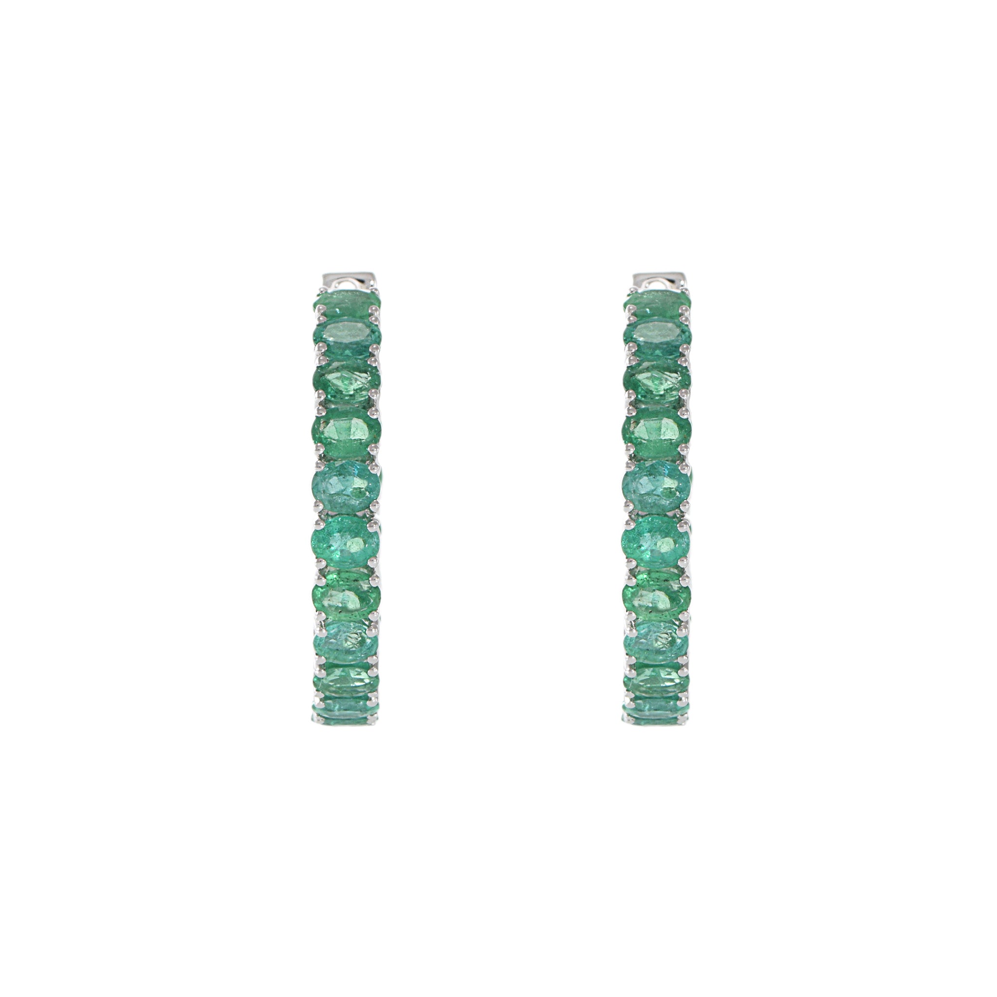 18KT White Gold Emerald Round Hoop Earrings