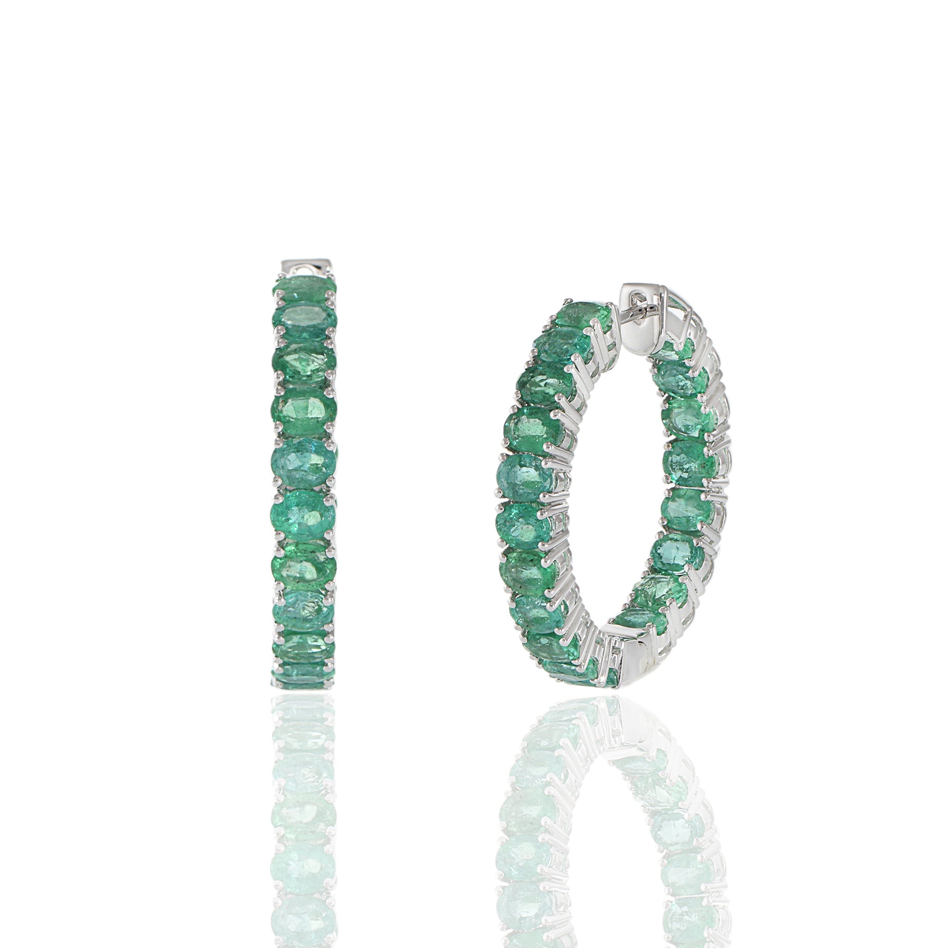 18KT White Gold Emerald Round Hoop Earrings