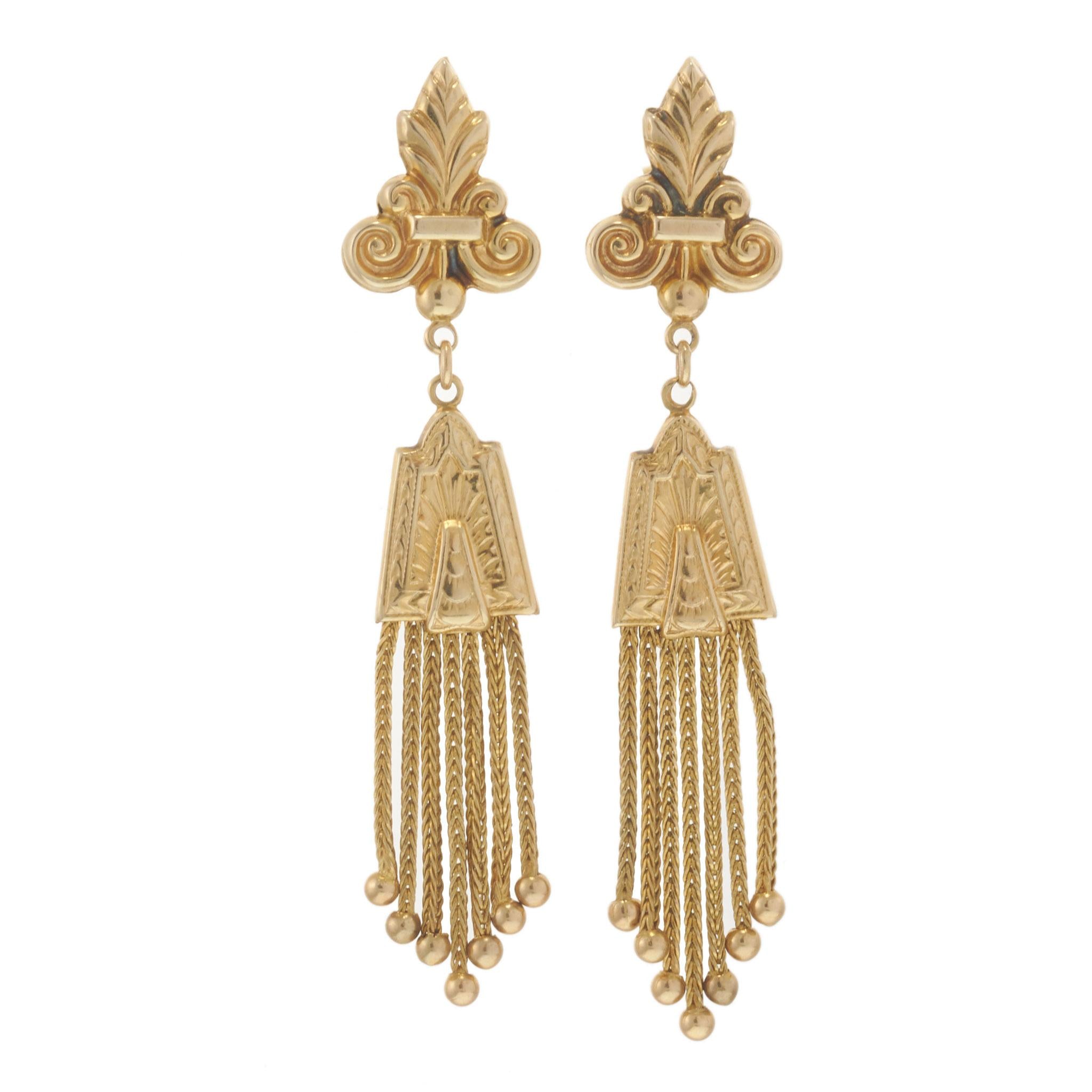 Victorian Era Fleur-de-Lis Tassel Earrings in 14KT Yellow Gold