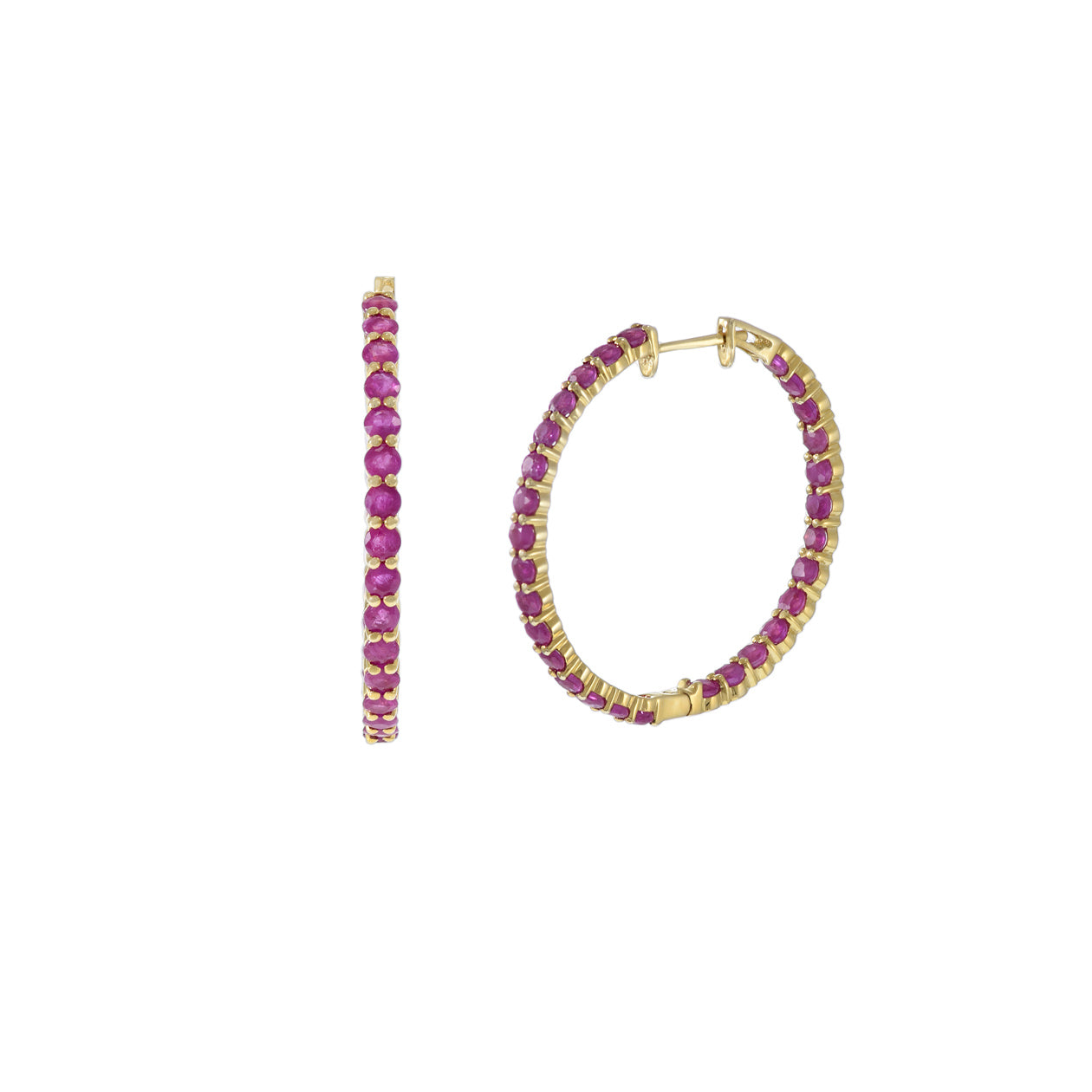 14KT Yellow Gold Round Ruby Hoop Earrings