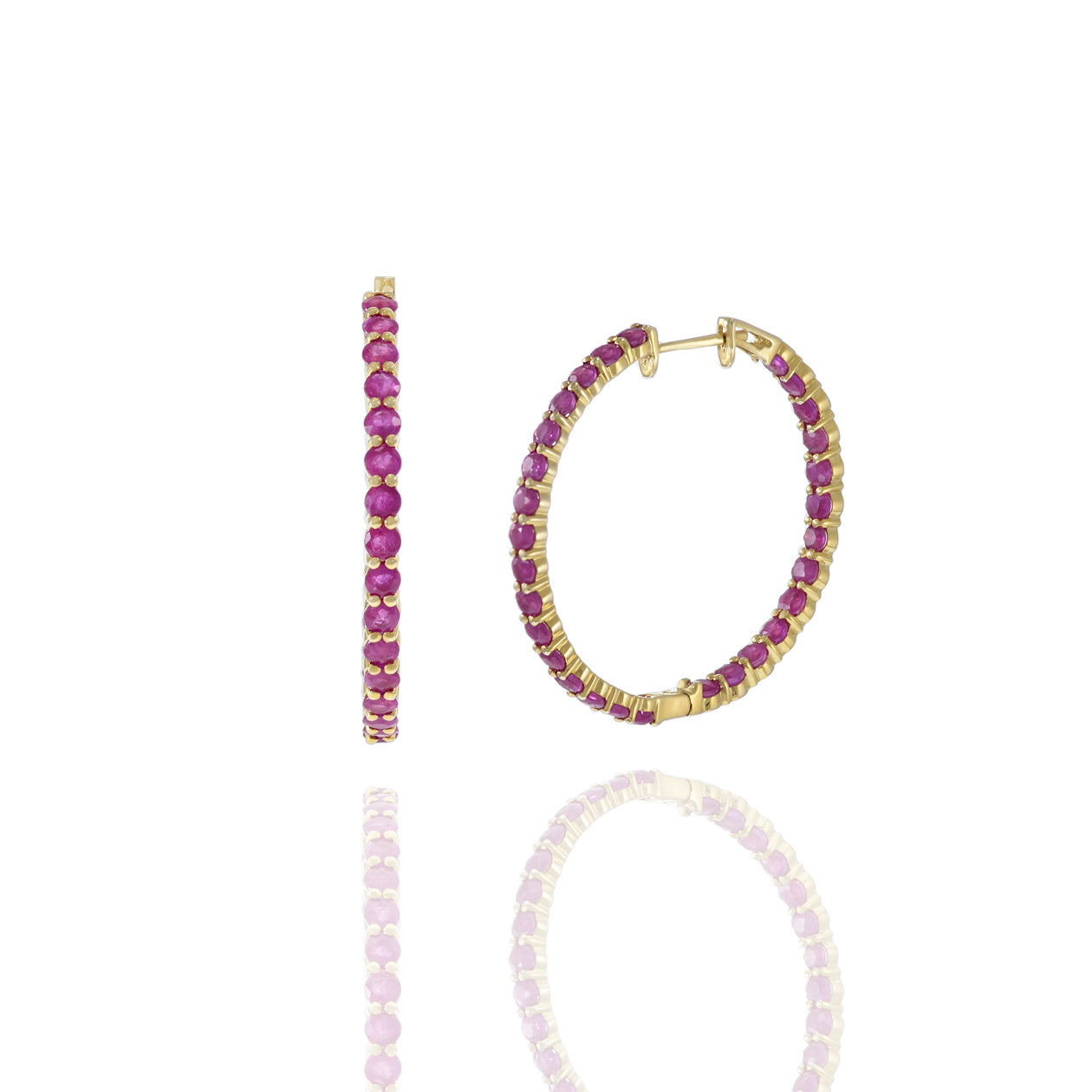 14KT Yellow Gold Round Ruby Hoop Earrings