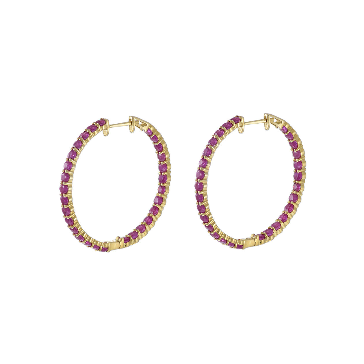 14KT Yellow Gold Round Ruby Hoop Earrings