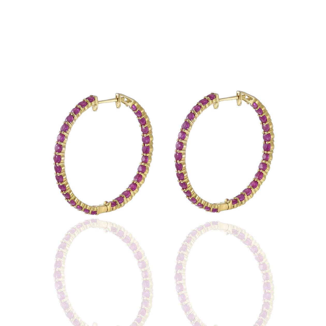 14KT Yellow Gold Round Ruby Hoop Earrings