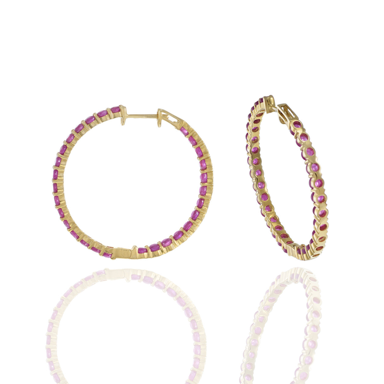 14KT Yellow Gold Round Ruby Hoop Earrings