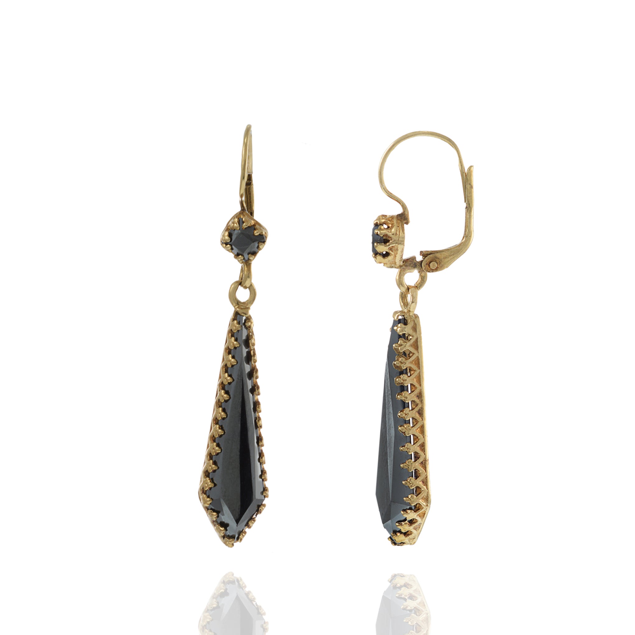 Art Deco Period Hematite Drop Earrings in 14kt Yellow Gold