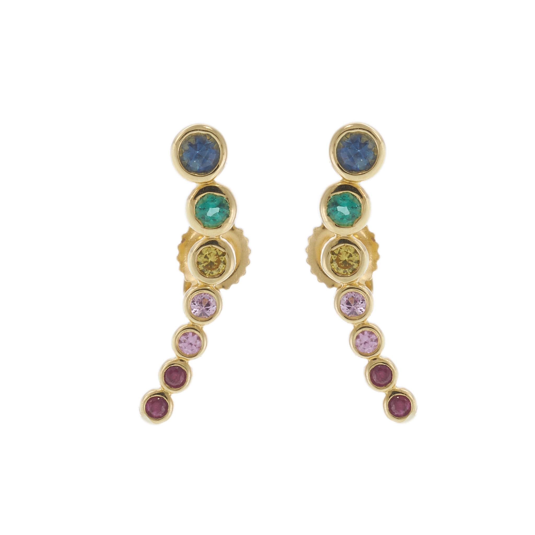 14KT Yellow Gold Mixed Color Sapphire Curved Line Earrings