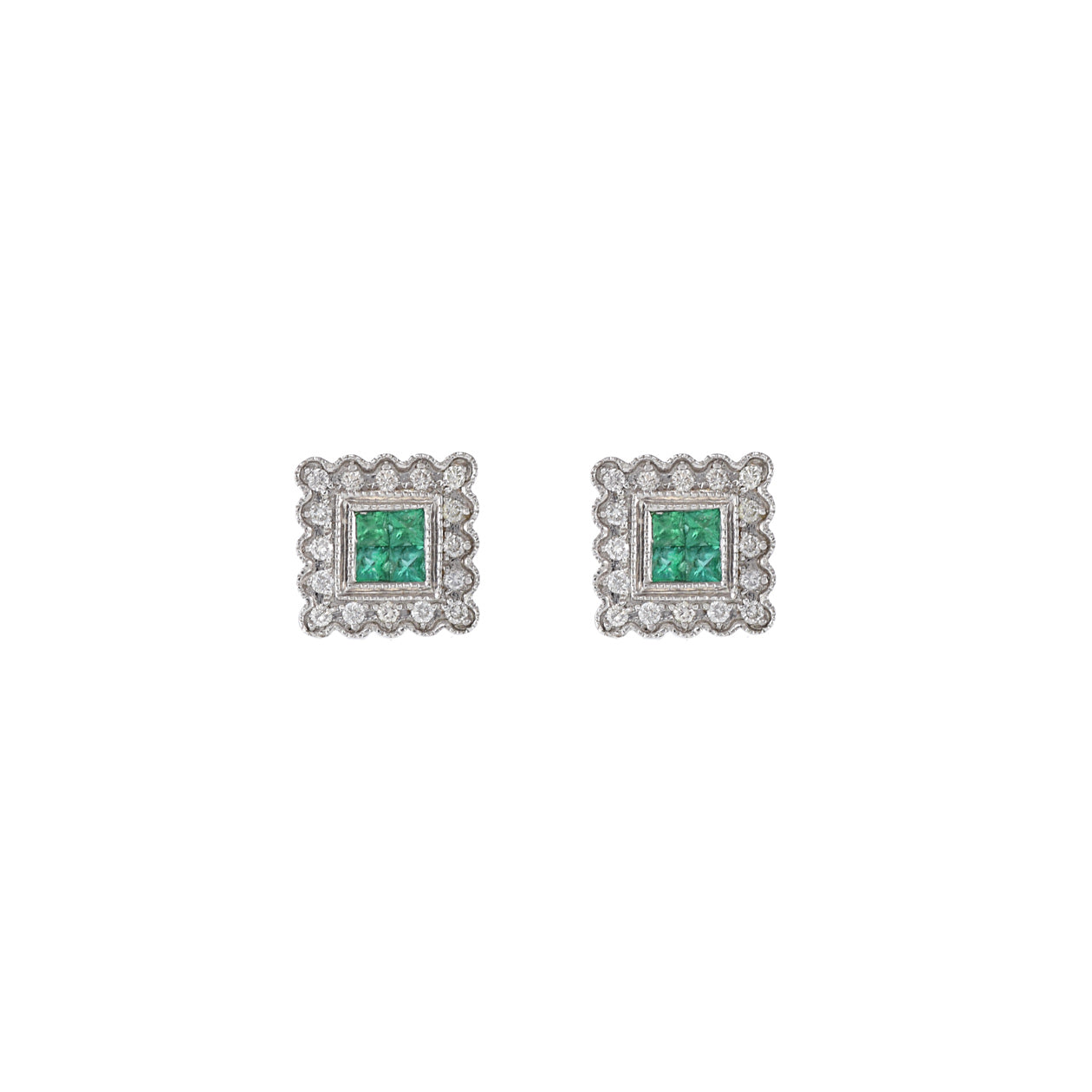 14KT White Emerald And Diamond Square Earrings