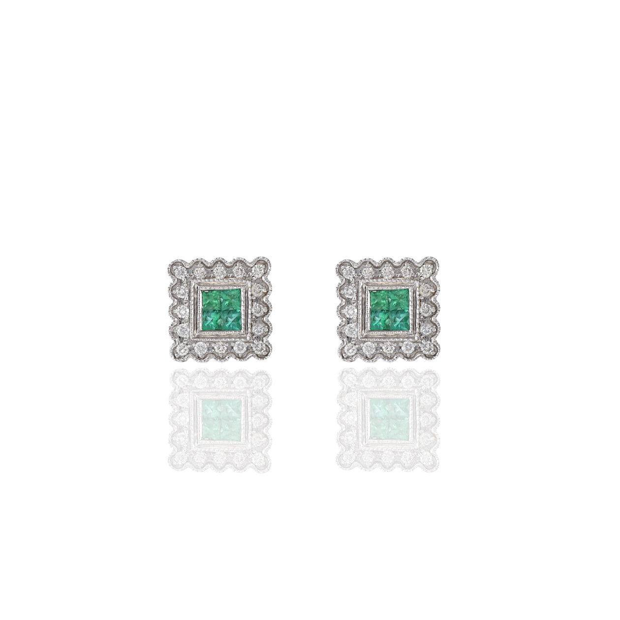 14KT White Emerald And Diamond Square Earrings