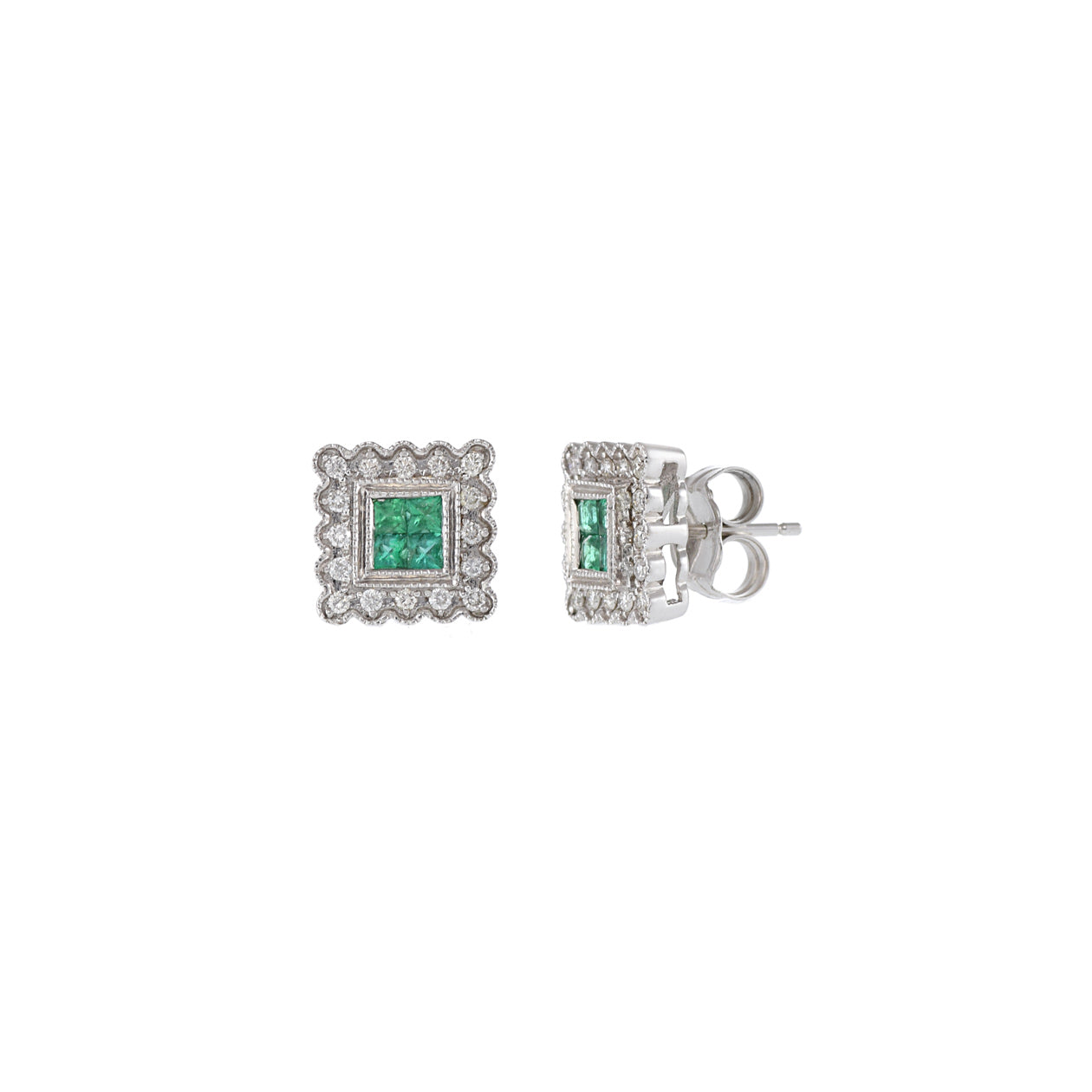 14KT White Emerald And Diamond Square Earrings