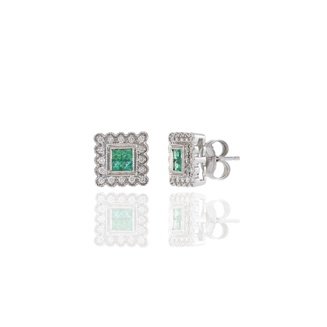 14KT White Emerald And Diamond Square Earrings