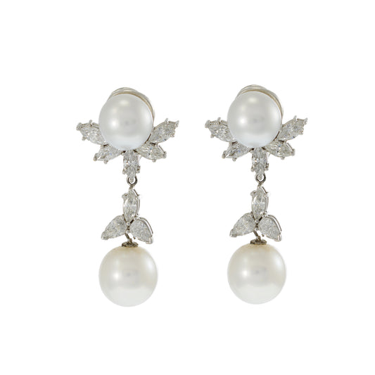 14KT White Gold South Sea Pearl and Diamond Drop Earrings