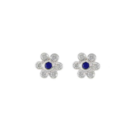 14KT White Gold Blue Sapphire And Diamond Flower Cluster Earrings