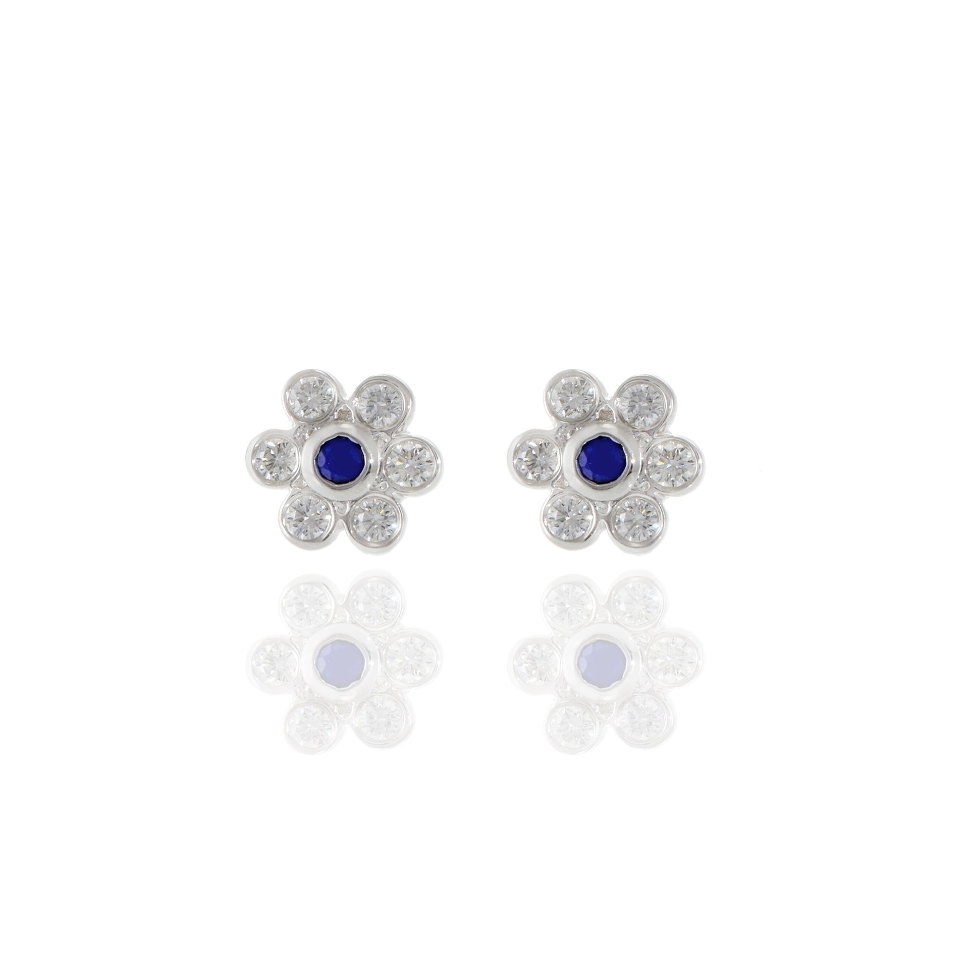 14KT White Gold Blue Sapphire And Diamond Flower Cluster Earrings