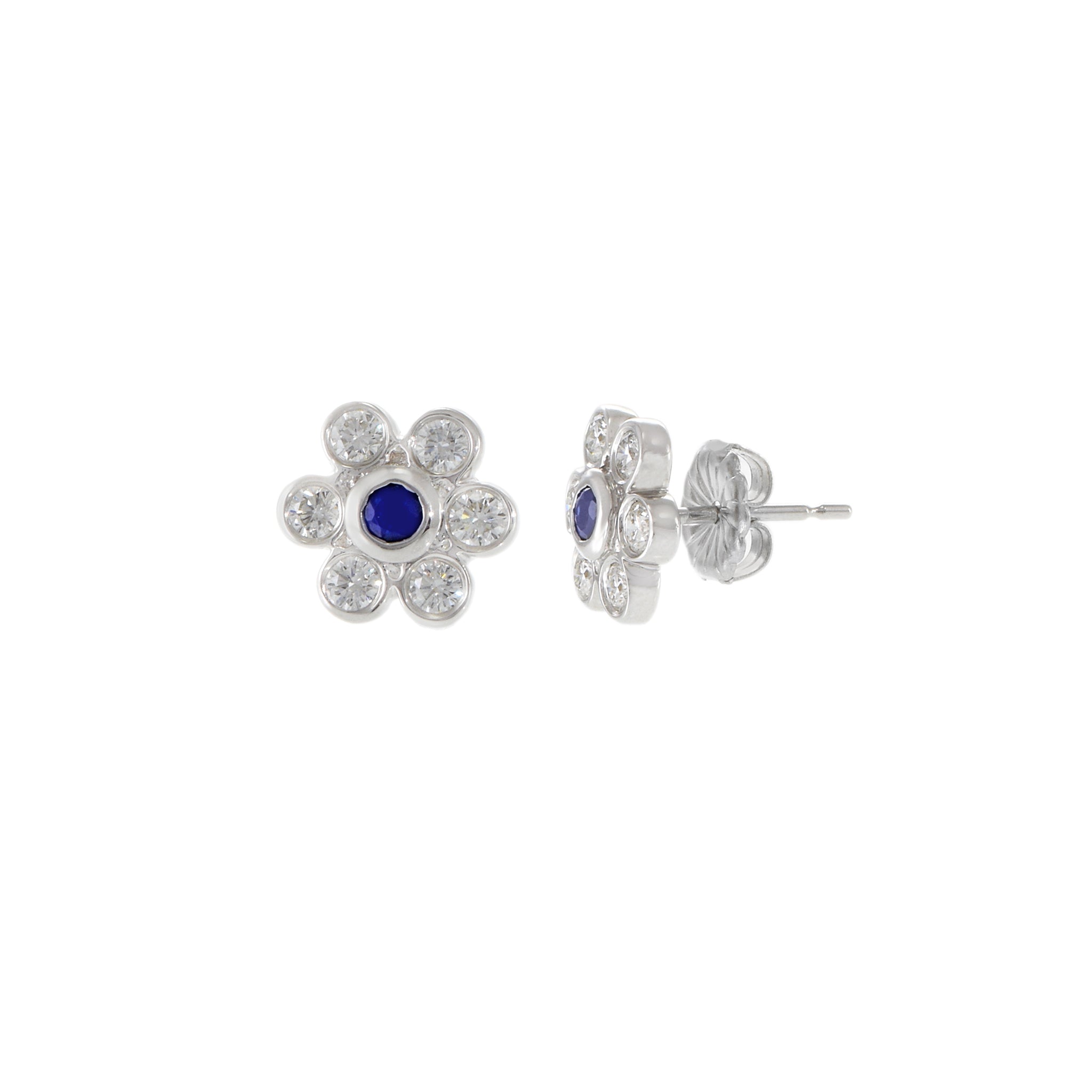 14KT White Gold Blue Sapphire And Diamond Flower Cluster Earrings