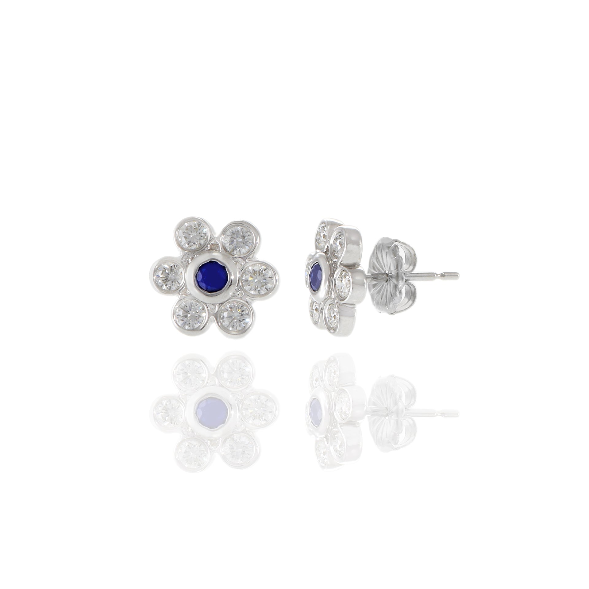 14KT White Gold Blue Sapphire And Diamond Flower Cluster Earrings