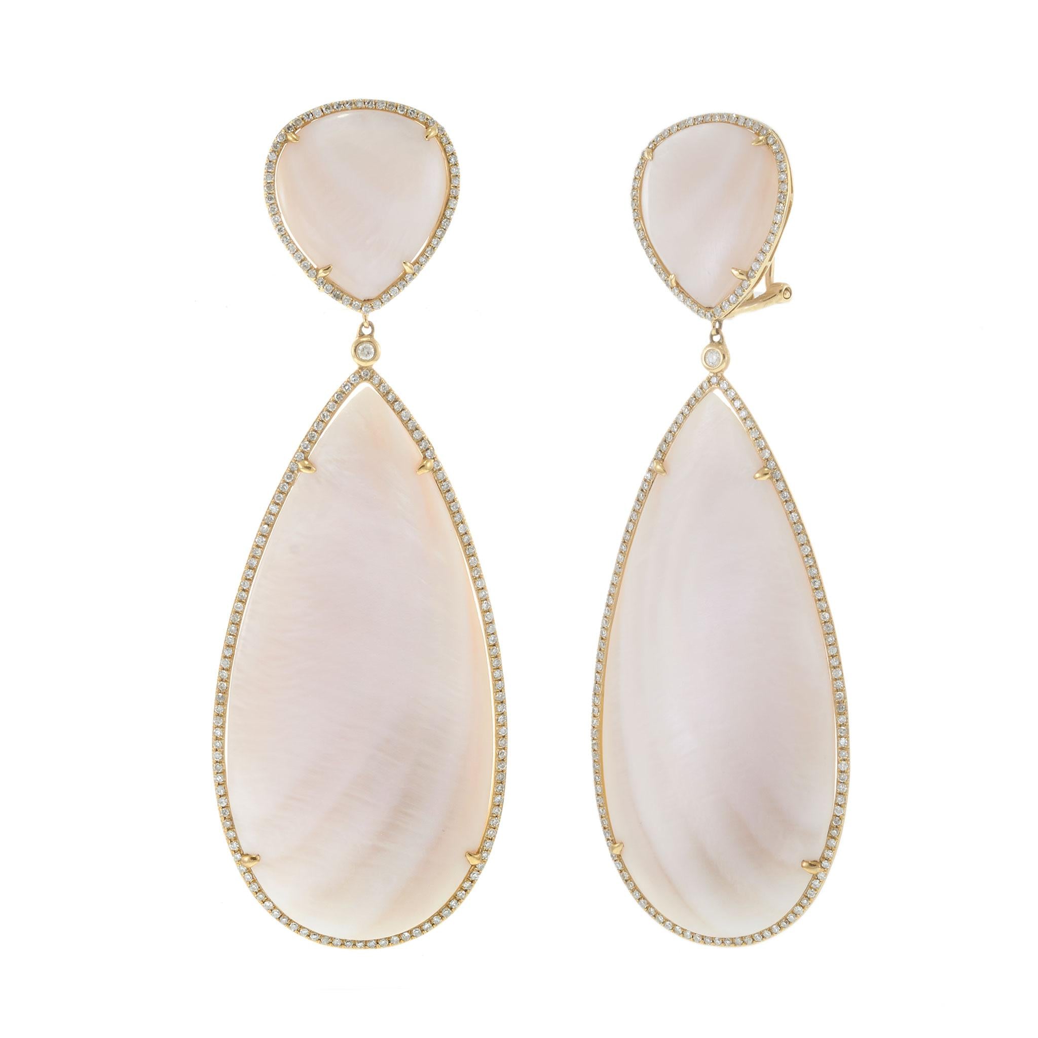 14KT Yellow Gold Pink Mother of Pearl Double Drop Diamond Halo Earrings