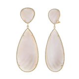 14KT Yellow Gold Pink Mother of Pearl Double Drop Diamond Halo Earrings