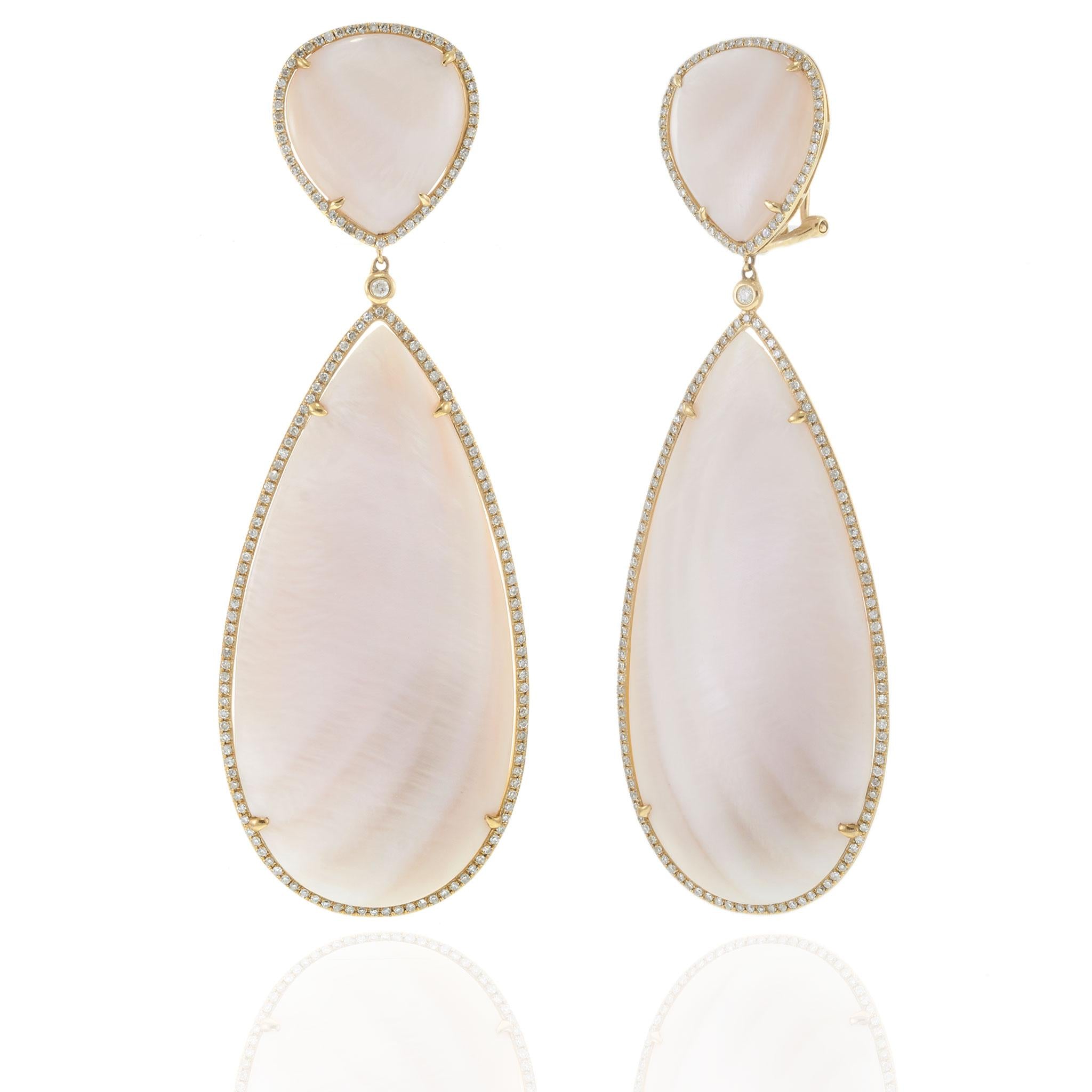 14KT Yellow Gold Pink Mother of Pearl Double Drop Diamond Halo Earrings
