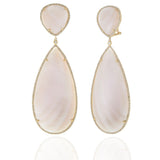 14KT Yellow Gold Pink Mother of Pearl Double Drop Diamond Halo Earrings