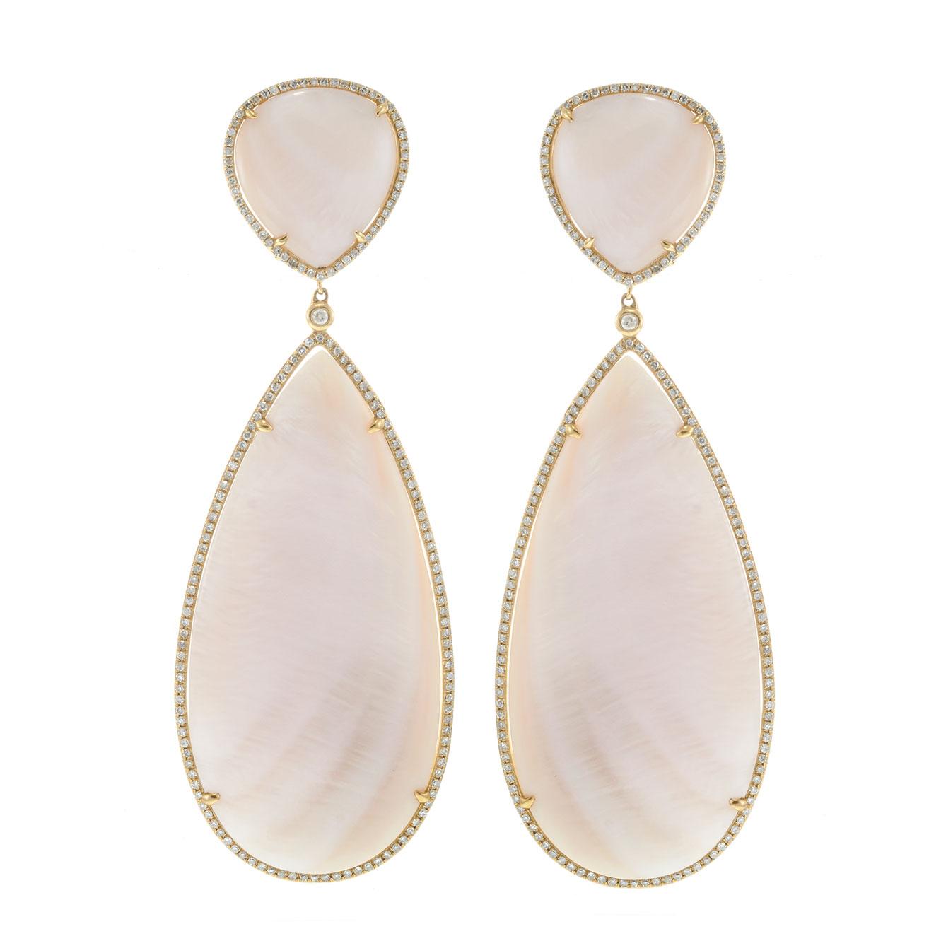 14KT Yellow Gold Pink Mother of Pearl Double Drop Diamond Halo Earrings