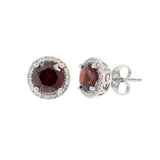 14KT White Gold Garnet and Diamond Halo Stud Earrings