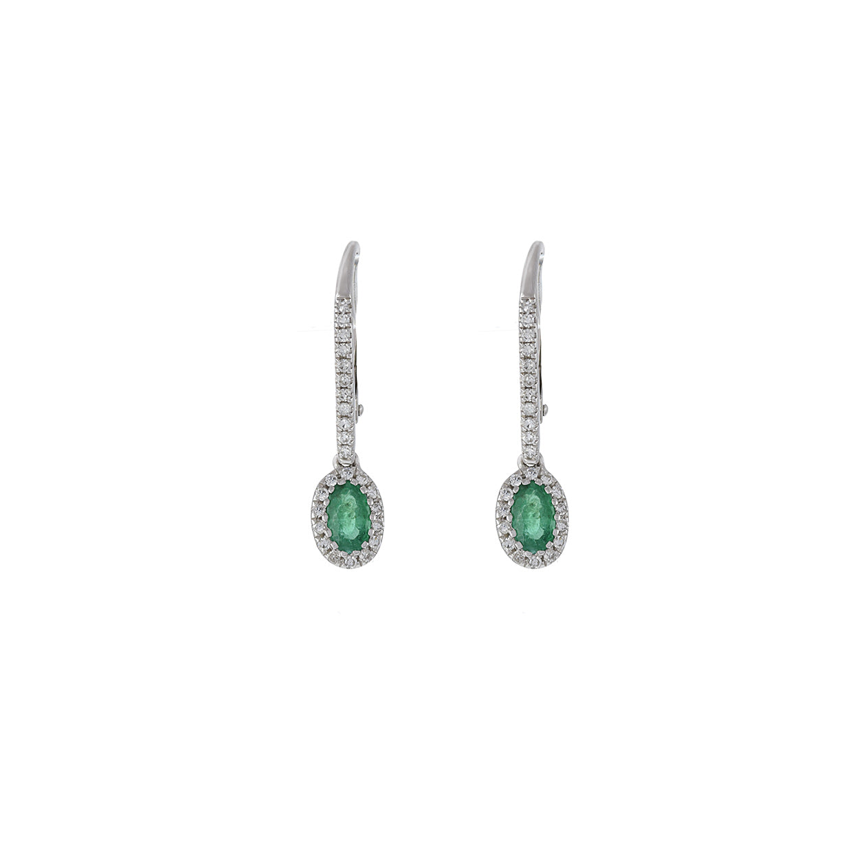 14KT White Gold Oval Emerald Diamond Huggie Earrings