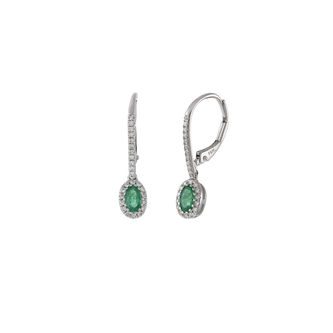 14KT White Gold Oval Emerald Diamond Huggie Earrings