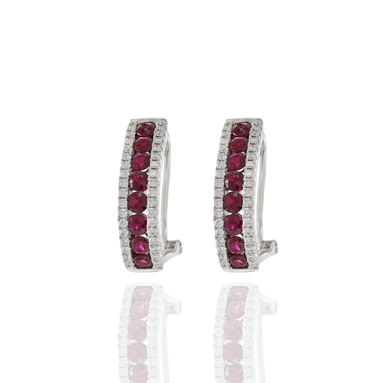 14KT White Gold Ruby And Diamond Huggie Earrings