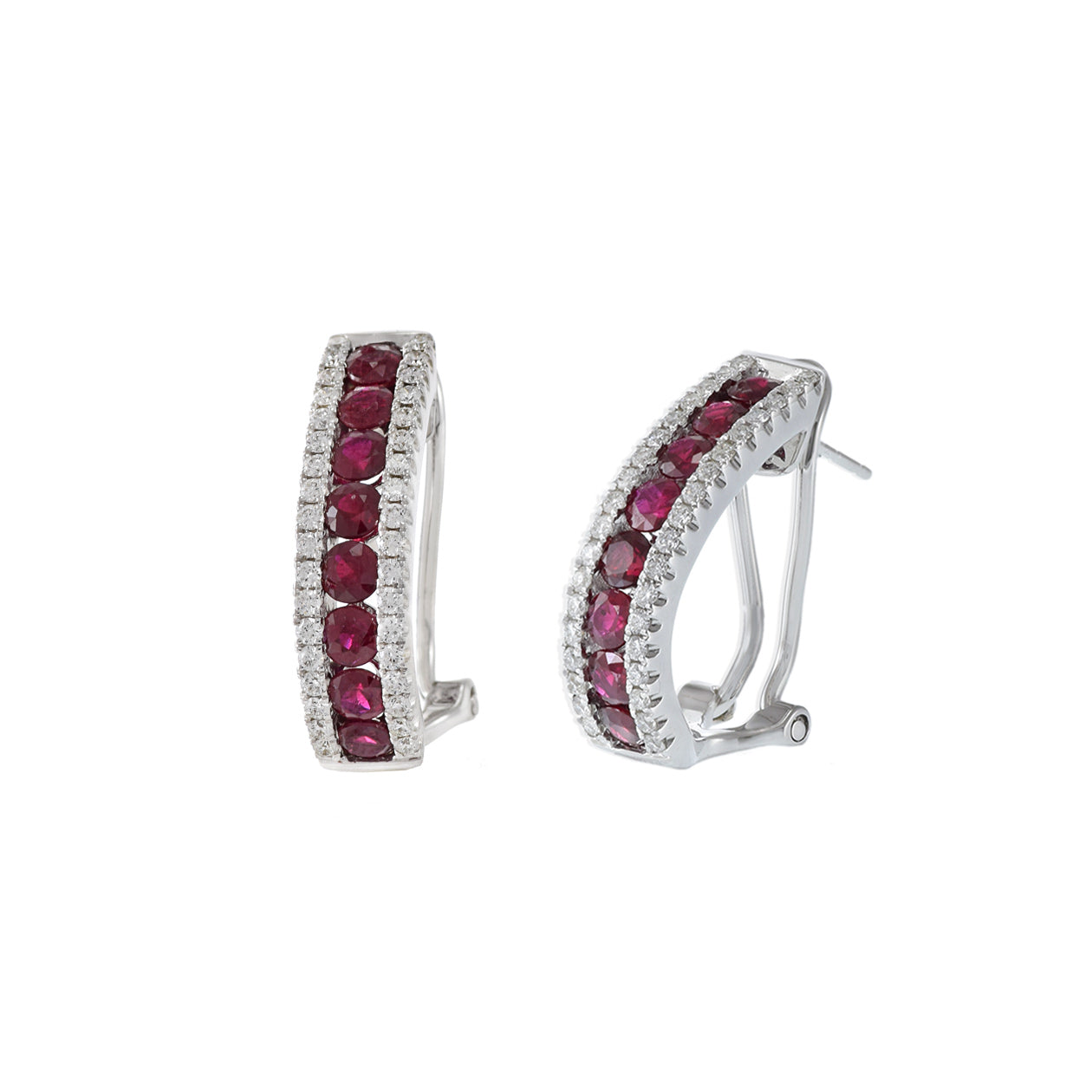 14KT White Gold Ruby And Diamond Huggie Earrings