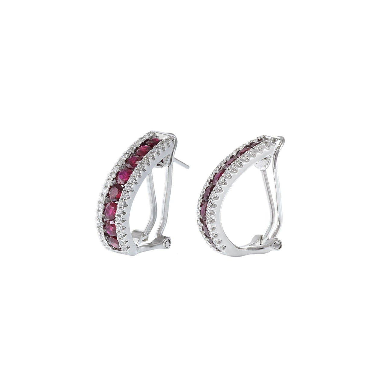 14KT White Gold Ruby And Diamond Huggie Earrings